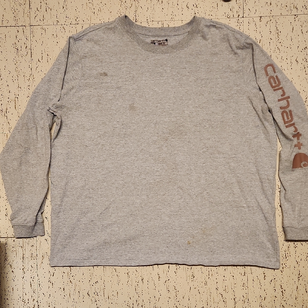 Carhartt Gray Long Sleeve Tee with Brown Spellout Logo